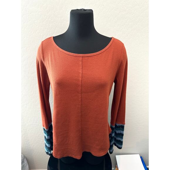 ANTHROPOLOGIE Orange Waffle Knit Long Sleeve Top Flare Crochet Cuff Boho Medium - Picture 2 of 8